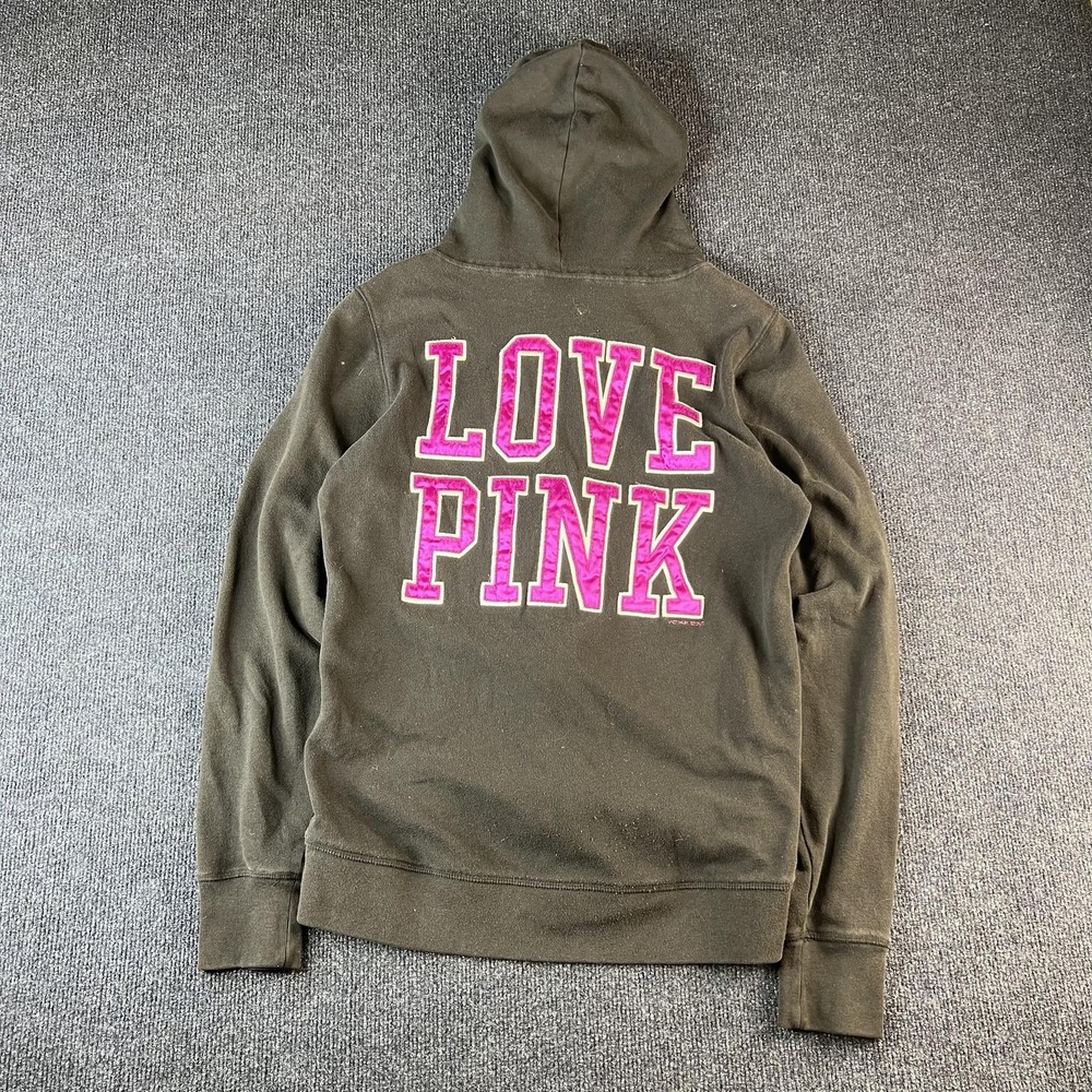 PINK Victoria's Secret Hoodie‎ Womens Medium Olive Love Pink Zip Up Sweatshirt